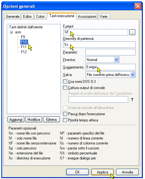 Configurazione di ConText - Comandi esterni - F10