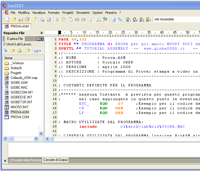 Editor ConText - Schermata con Prova.ASM