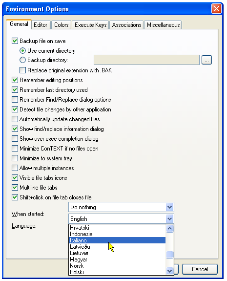 Configurazione di ConText - Menu in lingua italiana