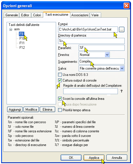 Configurazione di ConText - Comandi esterni - F9