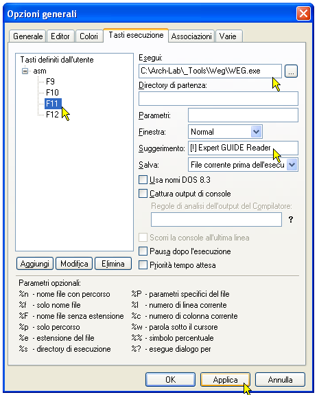 Configurazione di ConText - Comandi esterni - F11