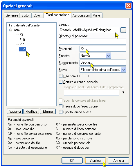 Configurazione di ConText - Comandi esterni - F12