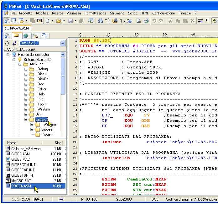 Editor  PsPad - Schermata con Prova.ASM