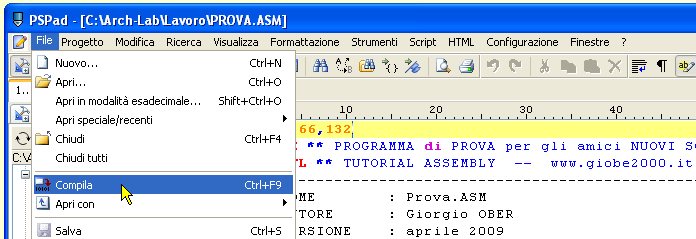 Editor PsPad - Compilazione e linker da menu