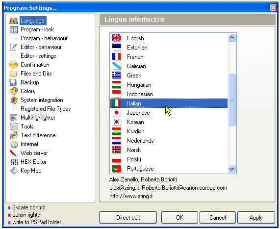 Configurazione di PSPad - Menu in lingua italiana