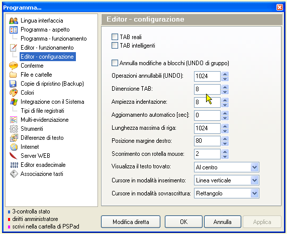 Configurazione di PSPad - Editor - Configurazione