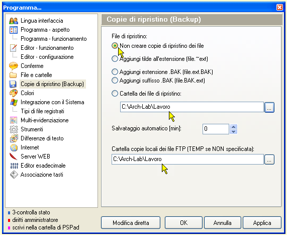 Configurazione di PSPad - Copie di ripristino