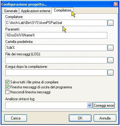 Configurazione di PSPad - Comando Compilatore + Linker