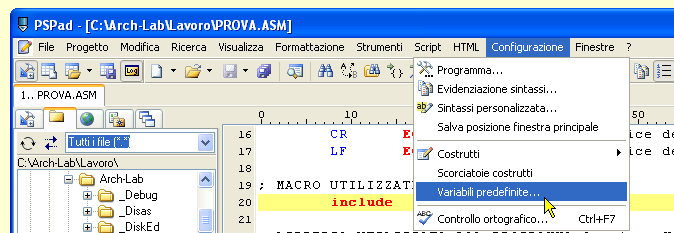 Configurazione di PSPad - Variabili del programma