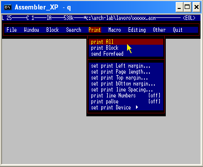 Ambiente Assembler - Menu Print