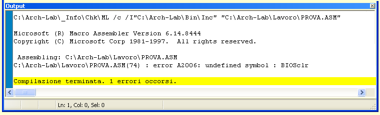Errore di scrittura del Sorgente ASM
