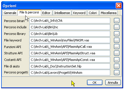 Configurazione di WinAsm - Impostazioni files e percorsi