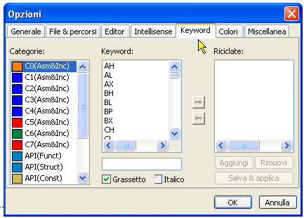 Configurazione di WinAsm - Configurazione per Assembly