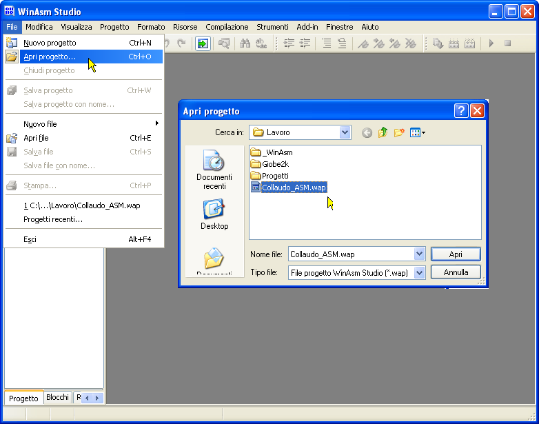 WinAsm - Apertura progetto pronto