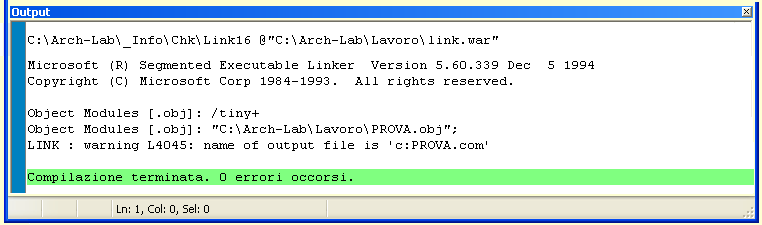 WinAsm - Esito linker per il  Nuovo progetto