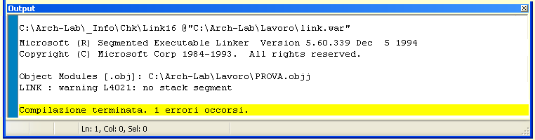 WinAsm - Esito linker per il  Nuovo progetto