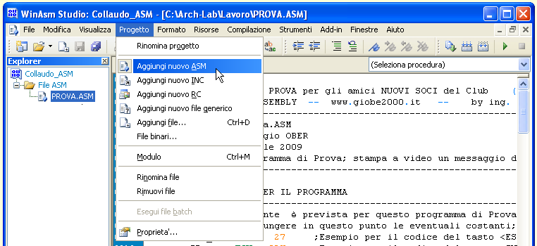 WinASM Studio - Gestione di un Nuovo Sorgente ASM